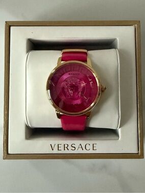 Versace Gold-Tone Case Pink Dial Pink Leather Strap Watch